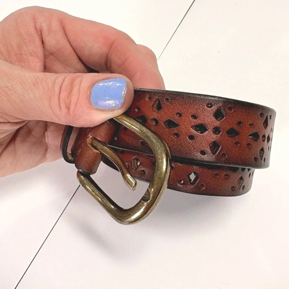 Womens Brown Leather Cutout Belt‎ Large Brass Buckle Boho Western Rustic Cowgirl